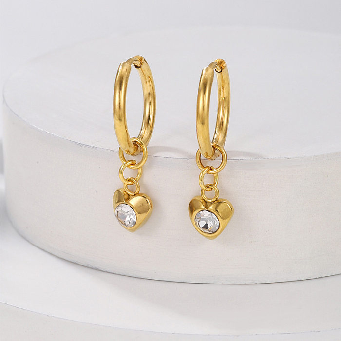 1 paire de boucles d'oreilles pendantes en acier inoxydable et Zircon, Style Simple, incrustation en forme de cœur