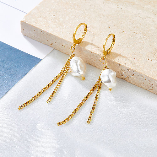 1 Pair Elegant Lemon Tassel Inlay Stainless Steel  Artificial Pearls Drop Earrings