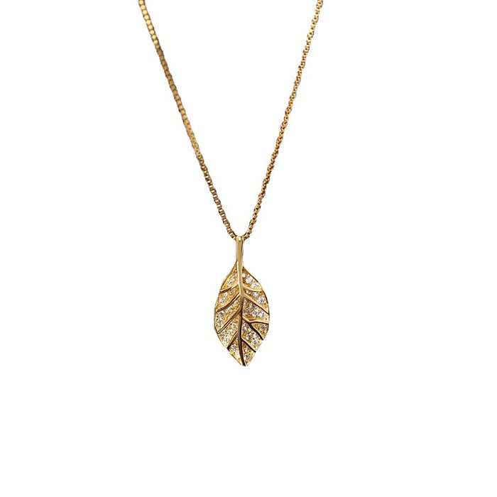 Simple Style Leaf Stainless Steel Inlay Rhinestones Pendant Necklace