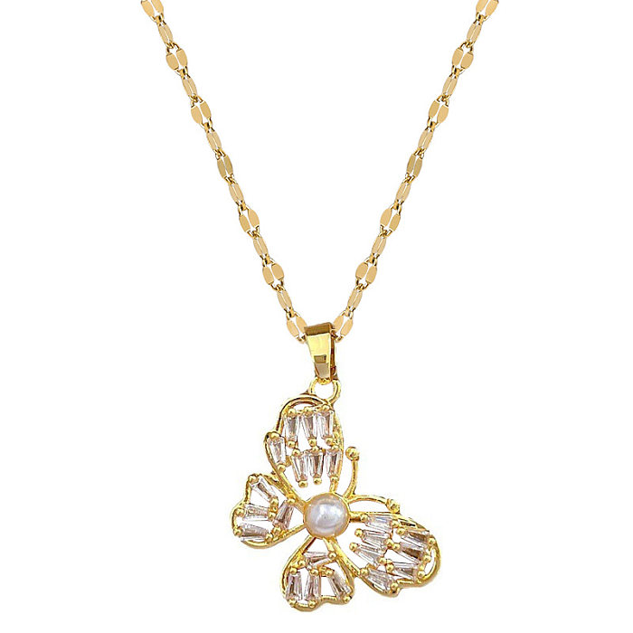 Collier pendentif papillon de Style coréen, en acier inoxydable, placage de cuivre, incrustation de perles artificielles, Zircon