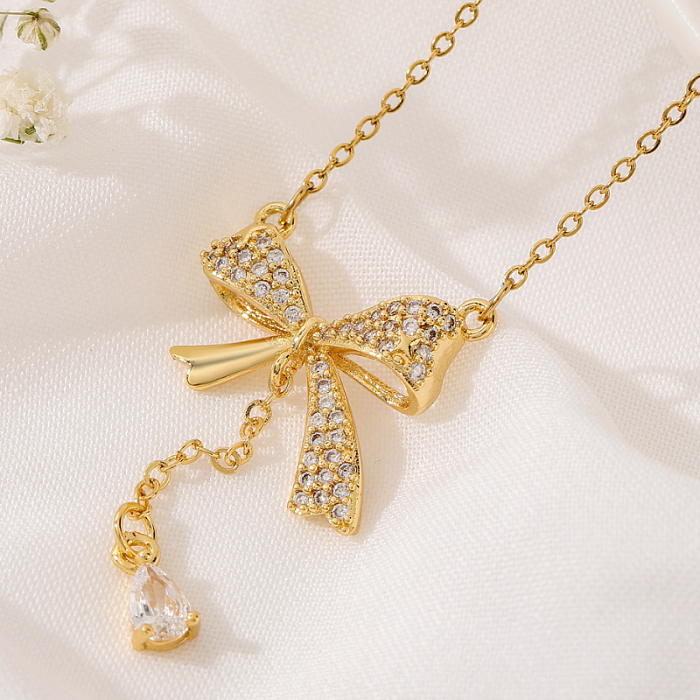 Simple Style Bow Knot Stainless Steel  Inlay Rhinestones Pendant Necklace