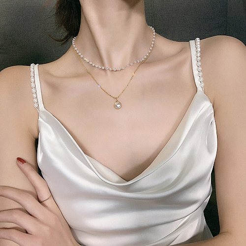 Venta al por mayor Collares en capas de perlas de agua dulce chapadas en oro redondo elegante de acero inoxidable 18K