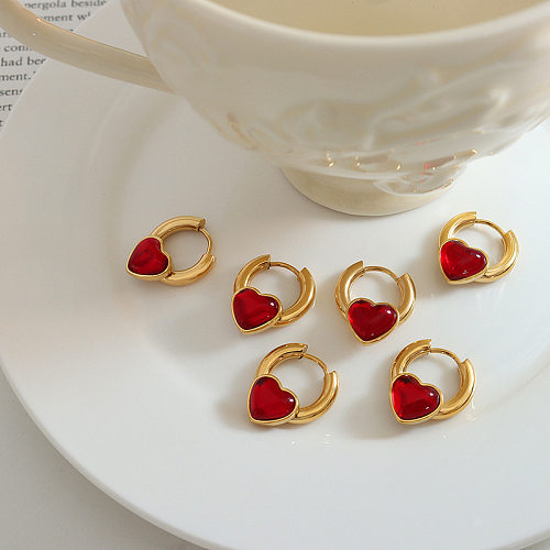 Fashion Heart Shape Stainless Steel Earrings Inlay Artificial Gemstones Stainless Steel  Earrings