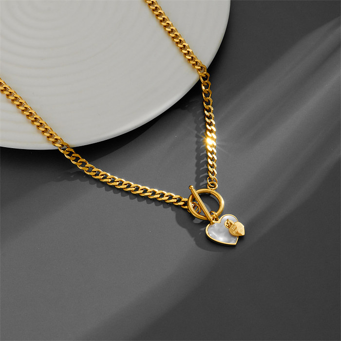 Hip-Hop Punk Heart Shape Stainless Steel Plating Inlay Shell 18K Gold Plated Pendant Necklace