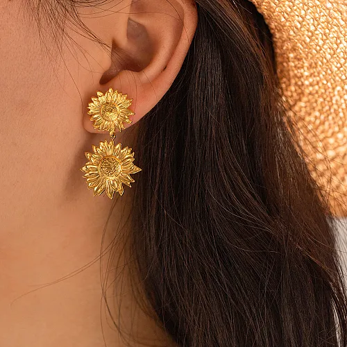 1 Pair IG Style Casual Sunflower Plating Stainless Steel  18K Gold Plated Drop Earrings