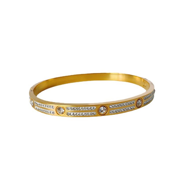 Senhora elegante estilo simples geométrico titânio chapeamento de aço incrustado zircão banhado a ouro 18K pulseira
