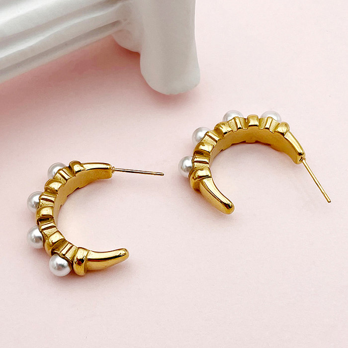 1 paire de clous d'oreilles plaqués or, Style Simple et décontracté, incrustation en forme de C, en acier inoxydable, perle