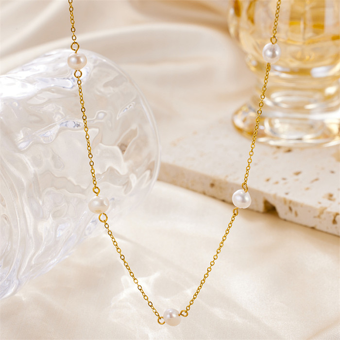 Collar chapado en oro de 18K con perlas de agua dulce, chapado en perlas de agua dulce, acero inoxidable Irregular, estilo Simple y dulce