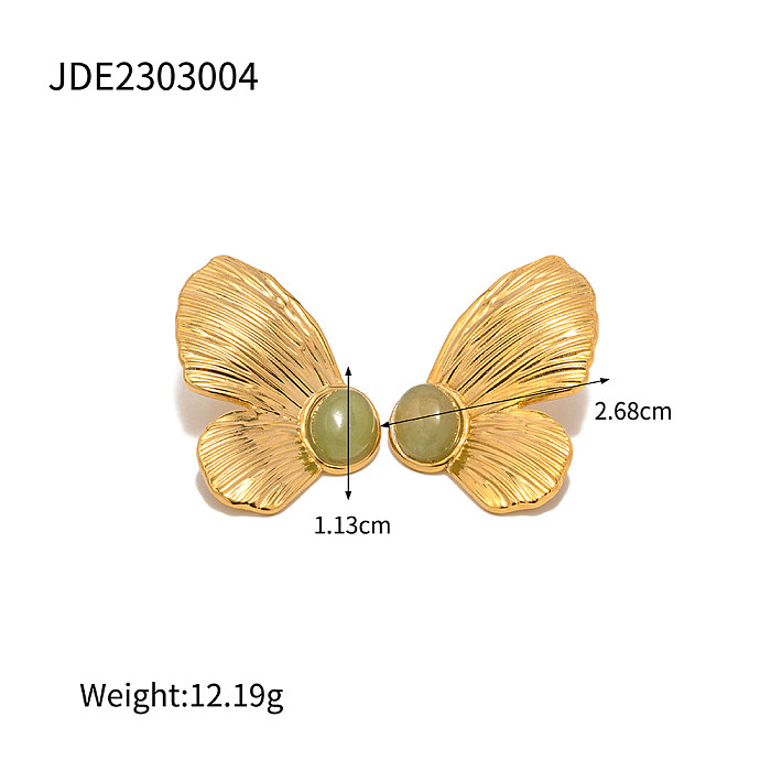 1 paire de clous d'oreilles Glam Butterfly en acier inoxydable avec incrustation de pierres précieuses artificielles plaquées or 18 carats