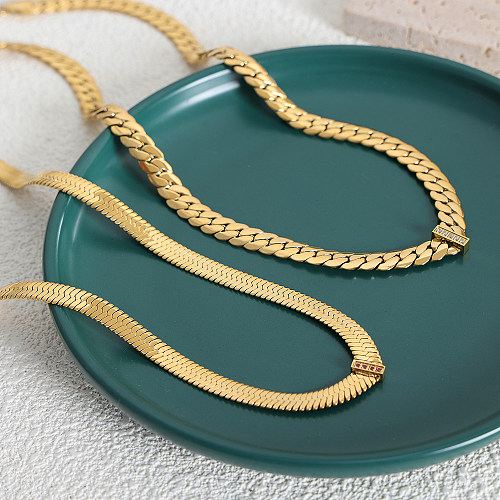 Hip-hop retro luxuoso cor sólida chapeamento de aço inoxidável incrustação zircão colar banhado a ouro 18K