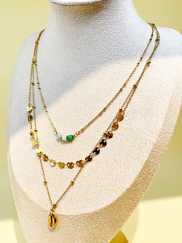 Retro-Schlichter-Stil, rund, herzförmig, Edelstahl, mit Perlenbeschichtung, Inlay, Zirkon, vergoldet, mehrschichtige Halsketten