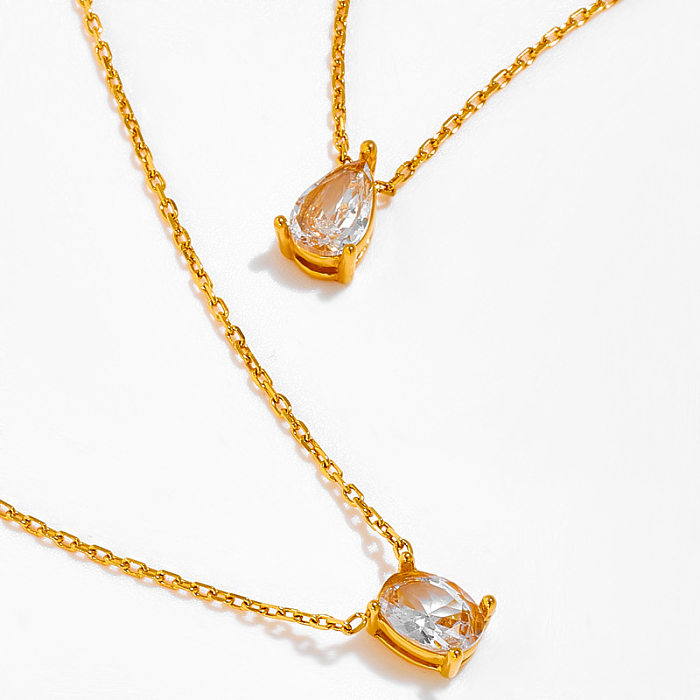 Halskette mit Wassertropfen-Anhänger im klassischen Stil, Edelstahl-Beschichtung, Inlay aus Zirkon, 18 Karat vergoldet