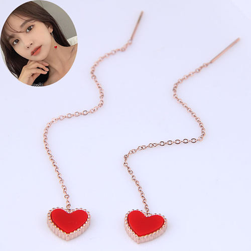 Korean Red Heart Long Earrings Simple Stainless Steel Personalized Earrings