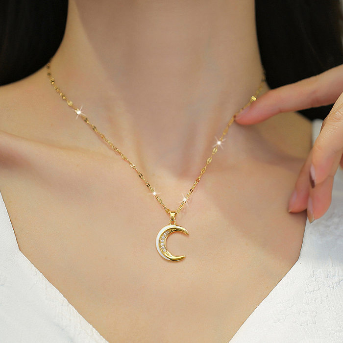 Simple Style Moon Stainless Steel  Copper Inlay Zircon Pendant Necklace