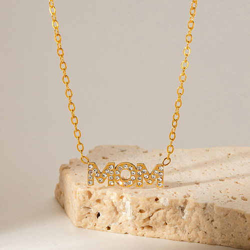 INS Style MAMA Einfache Halskette mit Buchstaben-Edelstahlbeschichtung, ausgehöhltem Inlay-Zirkon, 18 Karat vergoldet