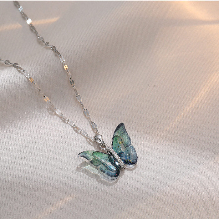Einfache Halskette mit Schmetterlings-Patchwork-Anhänger aus Edelstahl