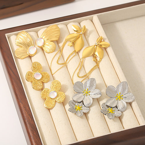 1 par estilo vintage estilo clássico flor borboleta chapeamento aço inoxidável 18k banhado a ouro brincos de gota brincos de orelha