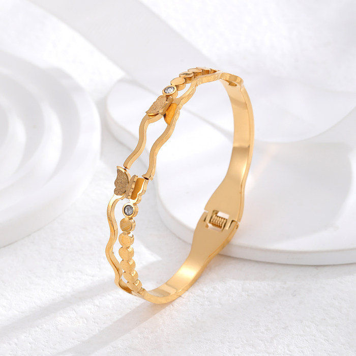 Atacado estilo clássico gotas de água formato de coração borboleta titânio aço 24K pulseira de zircão banhada a ouro