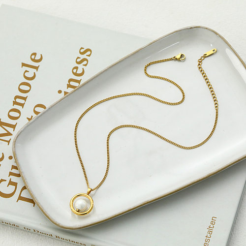 Fashion Round Stainless Steel Inlay Pearl Pendant Necklace 1 Piece