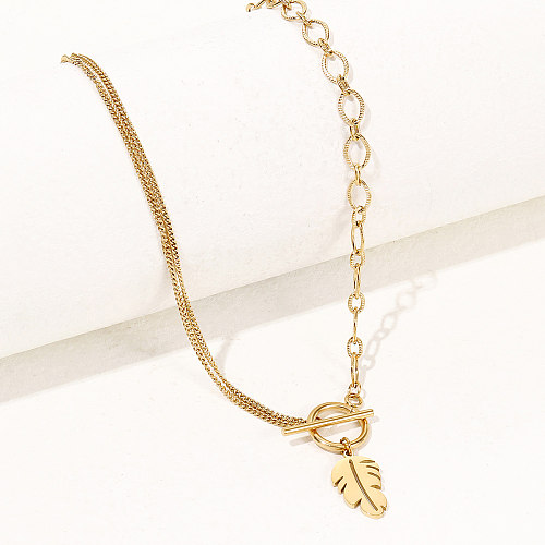 Stainless Steel Fashion Stitching Chain Leaf Pendant OT Buckle Necklace