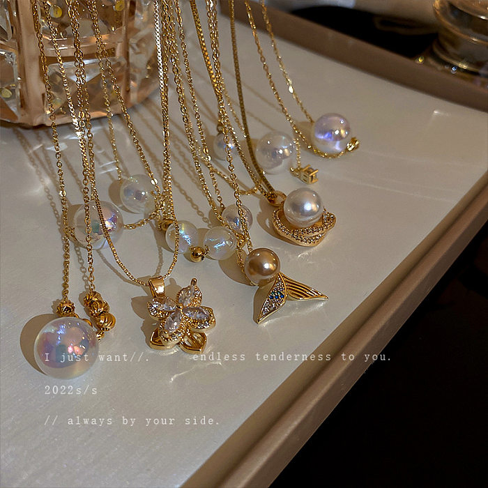 Collar de diamantes de imitación de perlas artificiales con incrustaciones geométricas elegantes de acero inoxidable