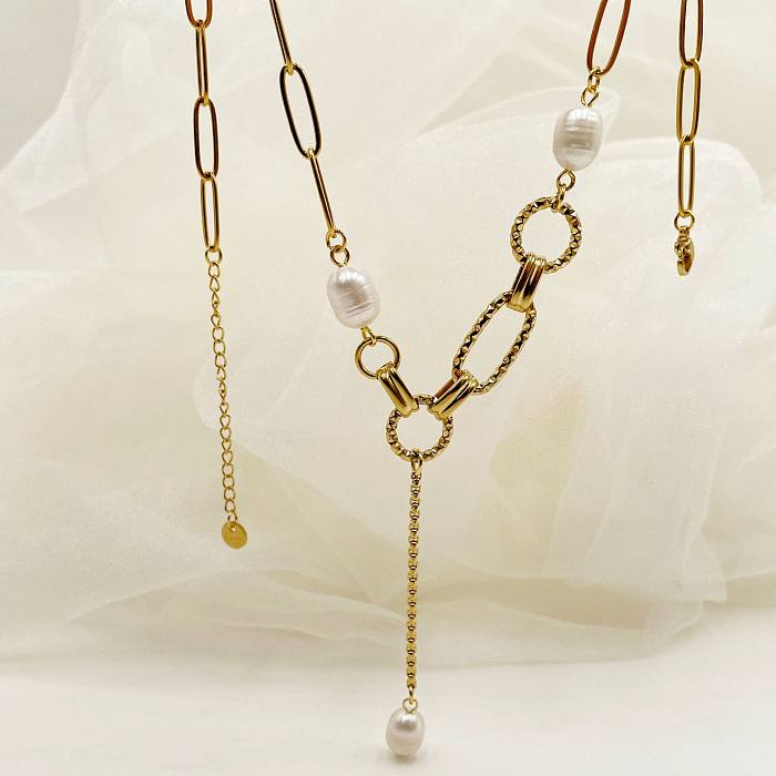 Elegante Halskette mit geometrischem Anhänger aus Edelstahl mit Perlenbeschichtung, 1 Stück