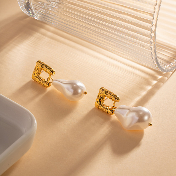 Geometrische Retro-Tropfenohrringe mit Edelstahlbeschichtung und künstlichen Perlen, 1 Paar
