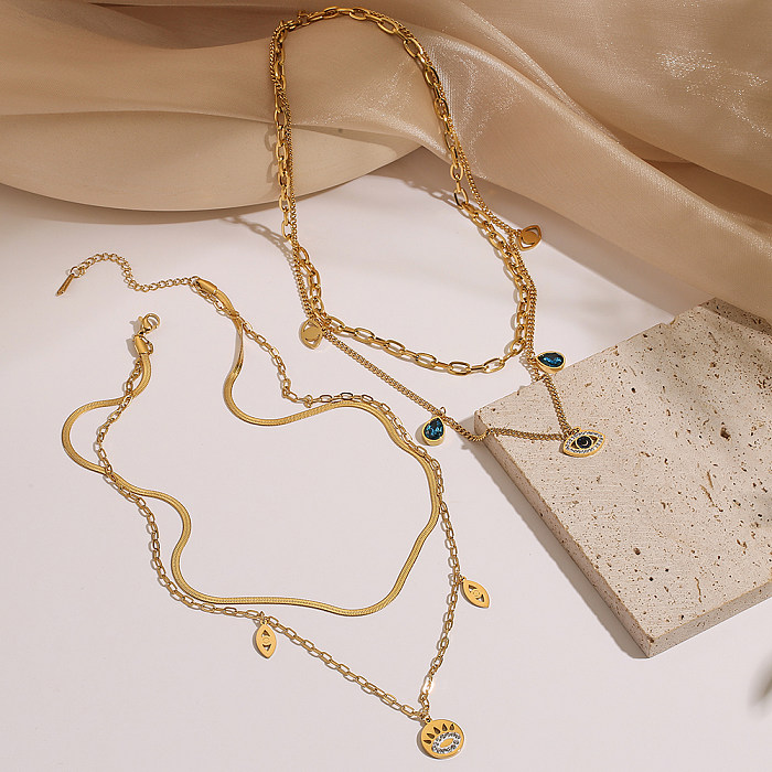 Mehrschichtige Halsketten im modernen Stil mit Teufelsauge aus Edelstahl mit 18-karätigem Goldüberzug und Zirkoneinlage
