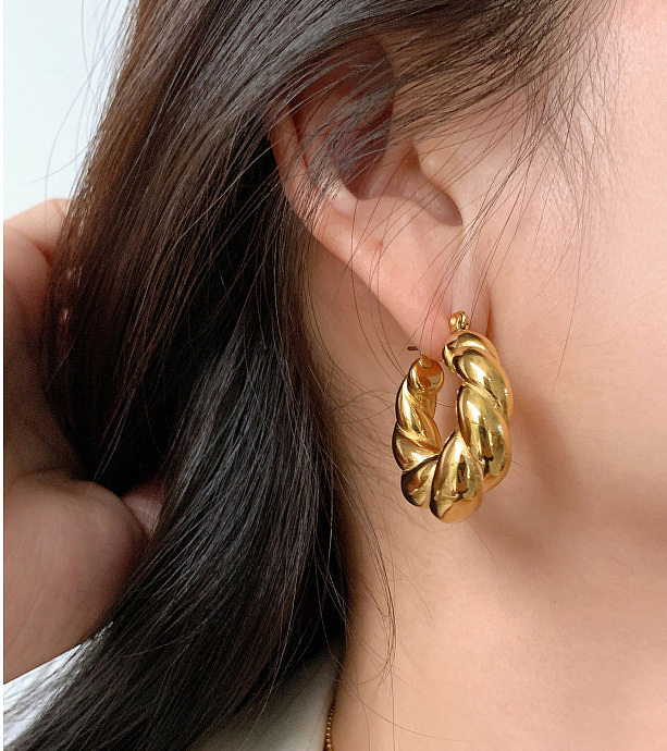 Solid Croissant Twist Cast Stainless Steel Plated 18K Gold Earrings
