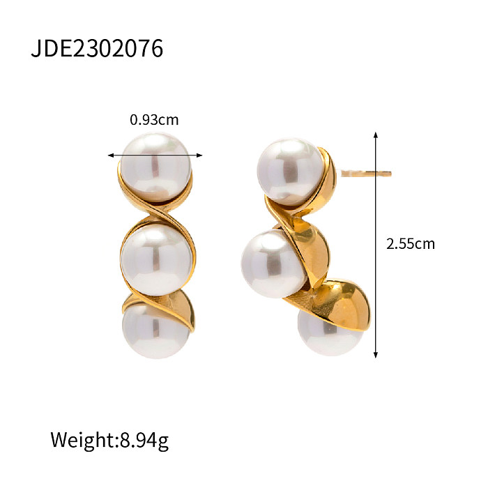 1 paire de clous d'oreilles élégants et luxueux en forme de C, incrustation en acier inoxydable, perles artificielles, Zircon plaqué or 18 carats