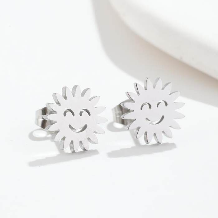 Fashion Heart Shape Smiley Face Flower Stainless Steel  Ear Studs 1 Pair