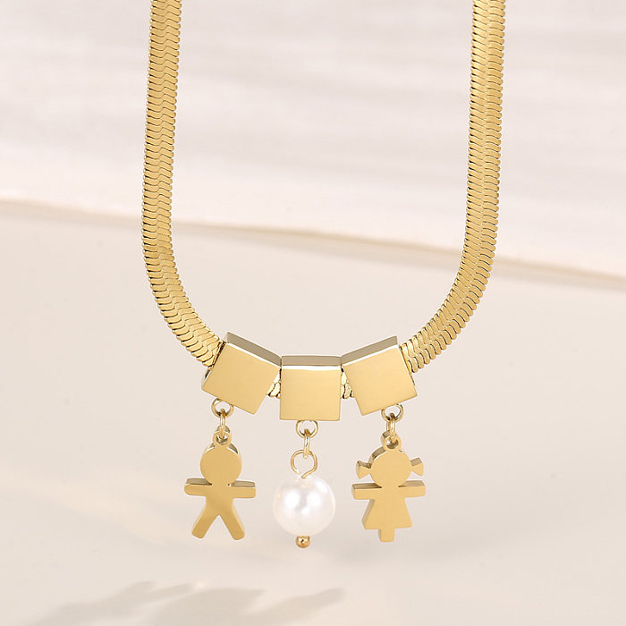 Lässige menschliche Anhänger-Halskette aus Edelstahl mit Perlenbeschichtung und 18-Karat-Vergoldung