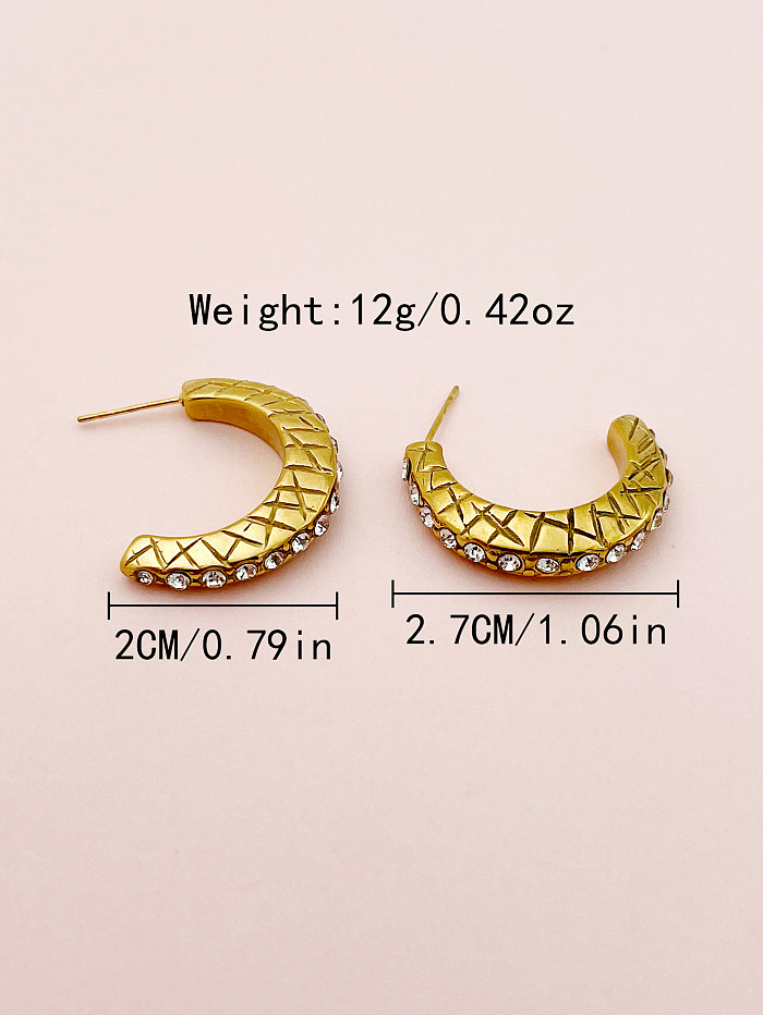 1 Pair Elegant Classical Roman Style C Shape Polishing Plating Inlay Stainless Steel  Zircon Gold Plated Ear Studs