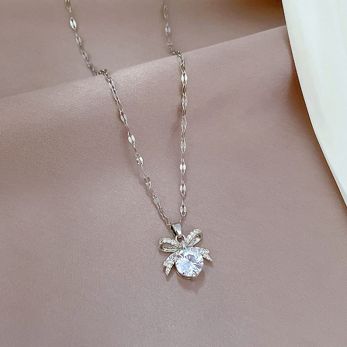 Sweet Bow Knot Stainless Steel  Copper Inlay Artificial Gemstones Pendant Necklace