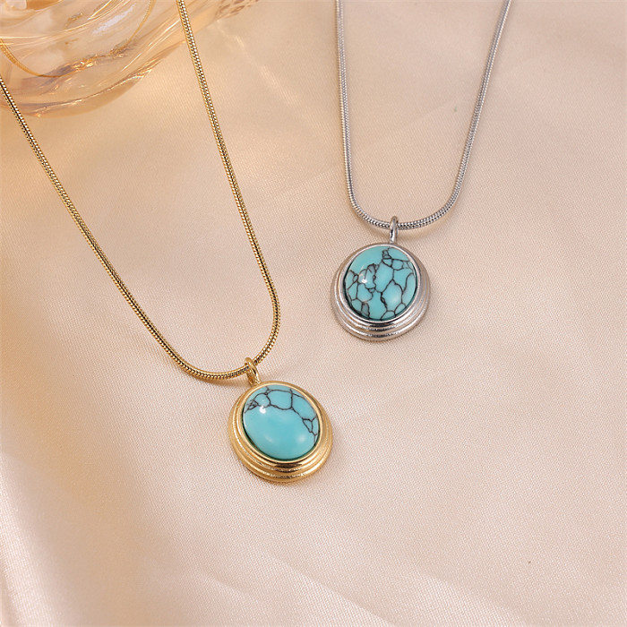 Commute Oval Stainless Steel  18K Gold Plated Turquoise Pendant Necklace In Bulk