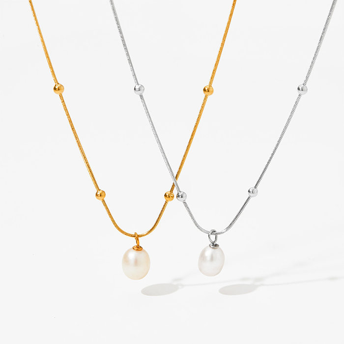 Classic Style Solid Color Stainless Steel  Pearl Pendant Necklace