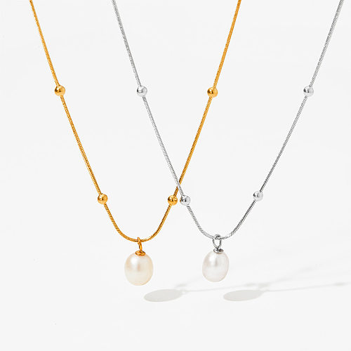 Classic Style Solid Color Stainless Steel  Pearl Pendant Necklace