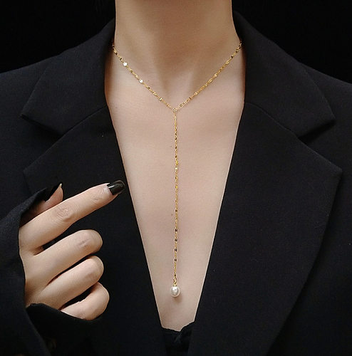 Fashion Solid Color Stainless Steel Pearl Gold Plated Pendant Necklace 1 Piece