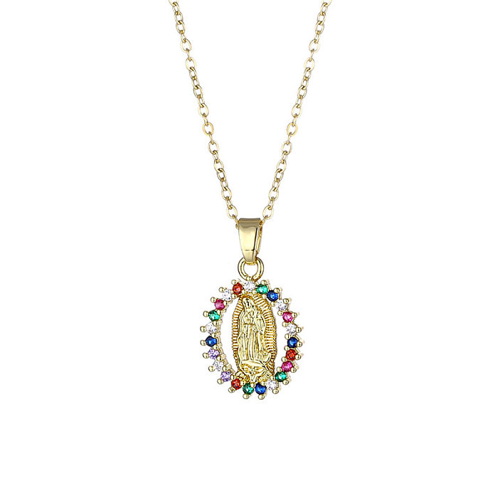 1 Stück glänzende Halskette mit Anhänger „Portrait Faith“ aus Edelstahl mit Messingbeschichtung und Inlay aus Zirkon