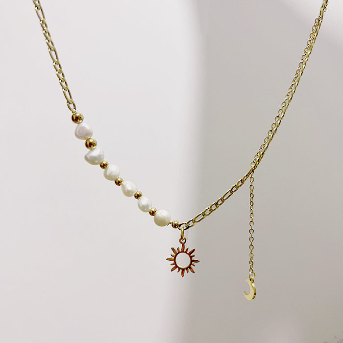 Mode Soleil Lune En Acier Inoxydable En Acier Inoxydable Perle Placage Évider Pendentif Collier 1 Pièce