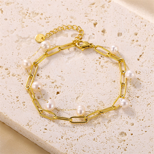 Bracelets de perles d'imitation ovales en acier inoxydable de style classique
