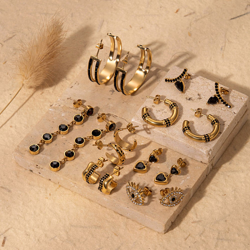 1 Paar schlichte Tropfen-Ohrringe mit Quaste, Herzform, Augenplattierung, Inlay, Edelstahl, Zirkon, 18 Karat vergoldet