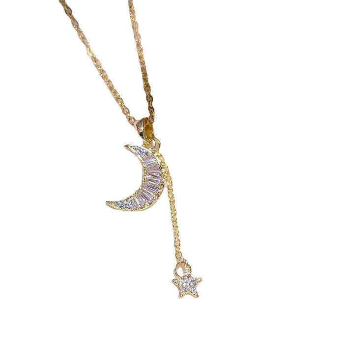 Collar chapado en oro de 18 quilates con incrustaciones de circonita y revestimiento de acero inoxidable con forma de luna y estrella elegante