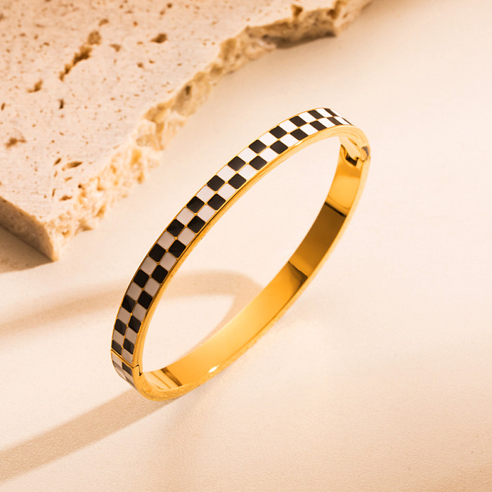 1 Piece Fashion Square Checkered Stainless Steel Enamel Plating Inlay Zircon Bangle