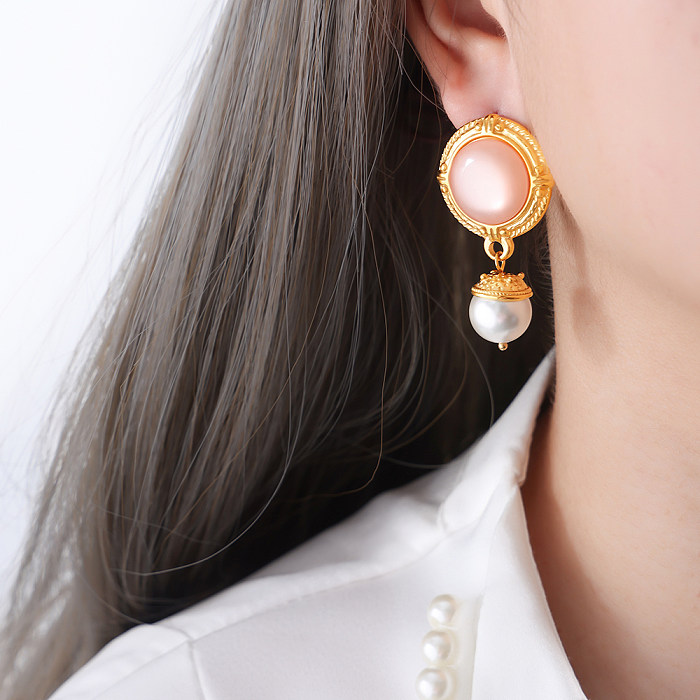 1 Paar elegante, luxuriöse Barock-Stil-Ohrringe mit geometrischer Beschichtung, Edelstahl, künstliche Perlen, Strasssteine, 18 Karat vergoldet
