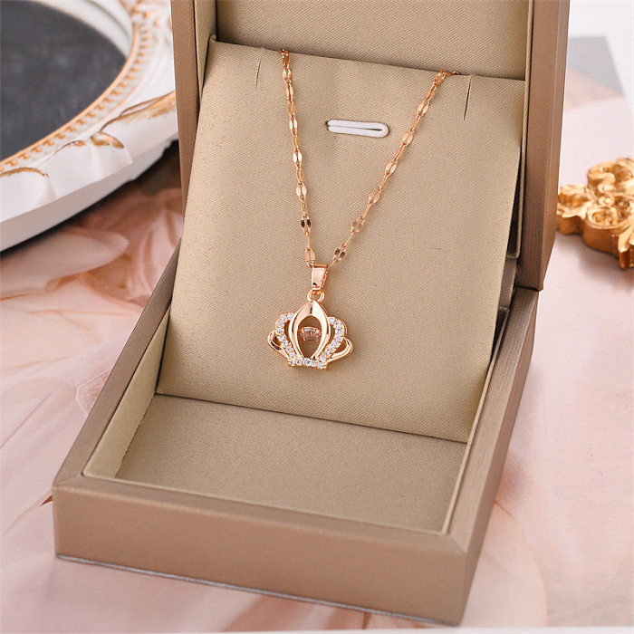 Fashion Crown Stainless Steel Plating Inlay Rhinestones Pendant Necklace 1 Piece