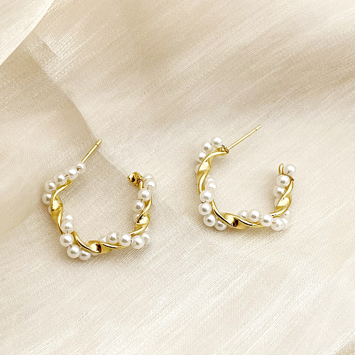 1 Paar Ohrstecker im schlichten Stil „Commute Twist“ mit Perlenbeschichtung aus Edelstahl mit künstlichen Perlen und vergoldet