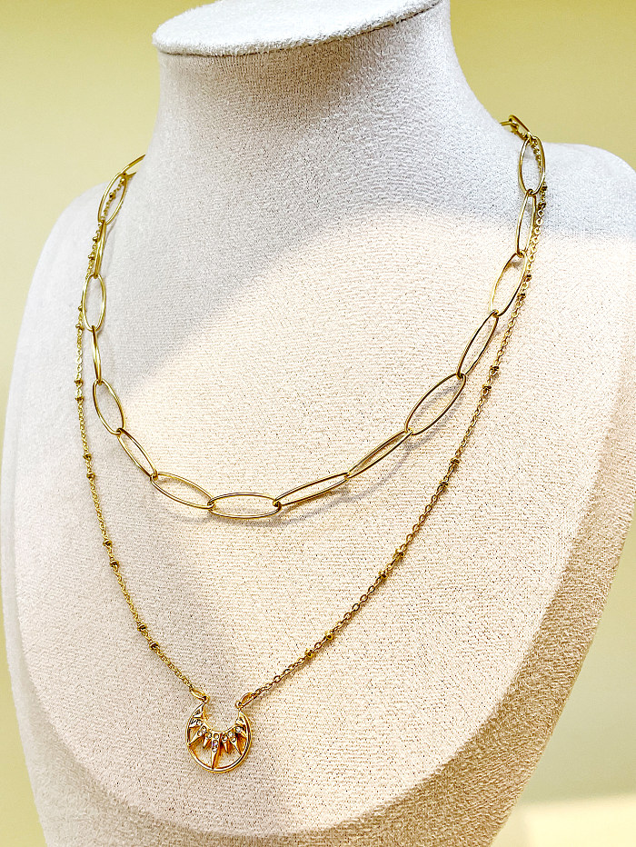 Férias estilo romano lua chapeamento de aço inoxidável strass embutidos colares em camadas banhados a ouro 14K
