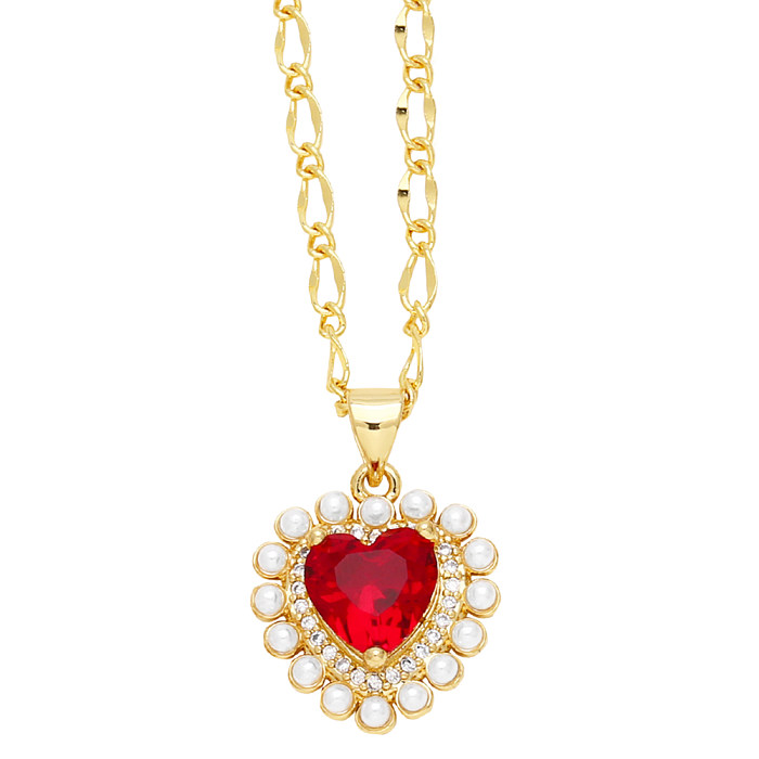 Style simple décontracté en forme de coeur en acier inoxydable plaqué cuivre incrusté de perles Zircon plaqué or 18 carats pendentif collier Long collier