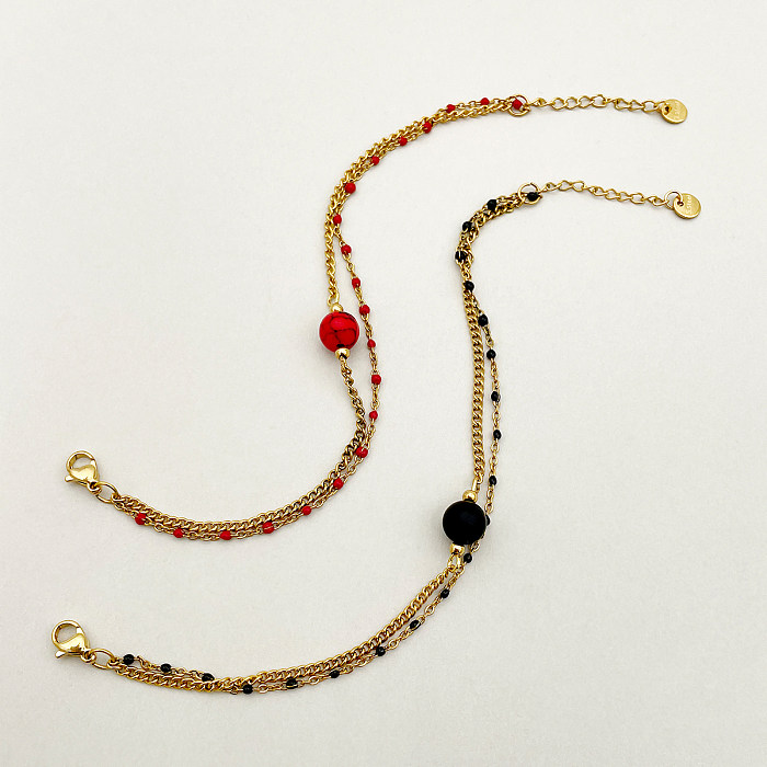 Bracelets ronds décontractés en acier inoxydable, perles artificielles turquoise, placage de polissage, plaqué or